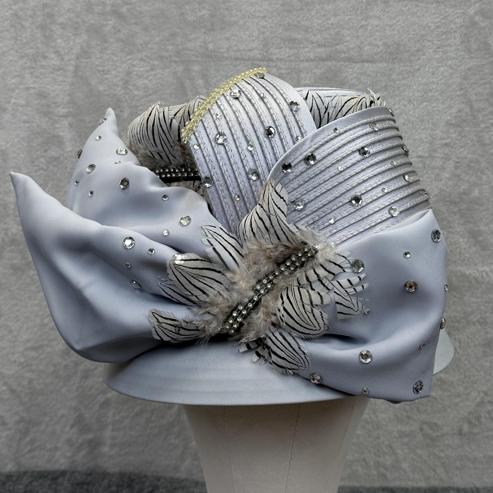 Champagne Italy Hat Cloche Silver Satin Bow Rhinestone Feathers Derby Church